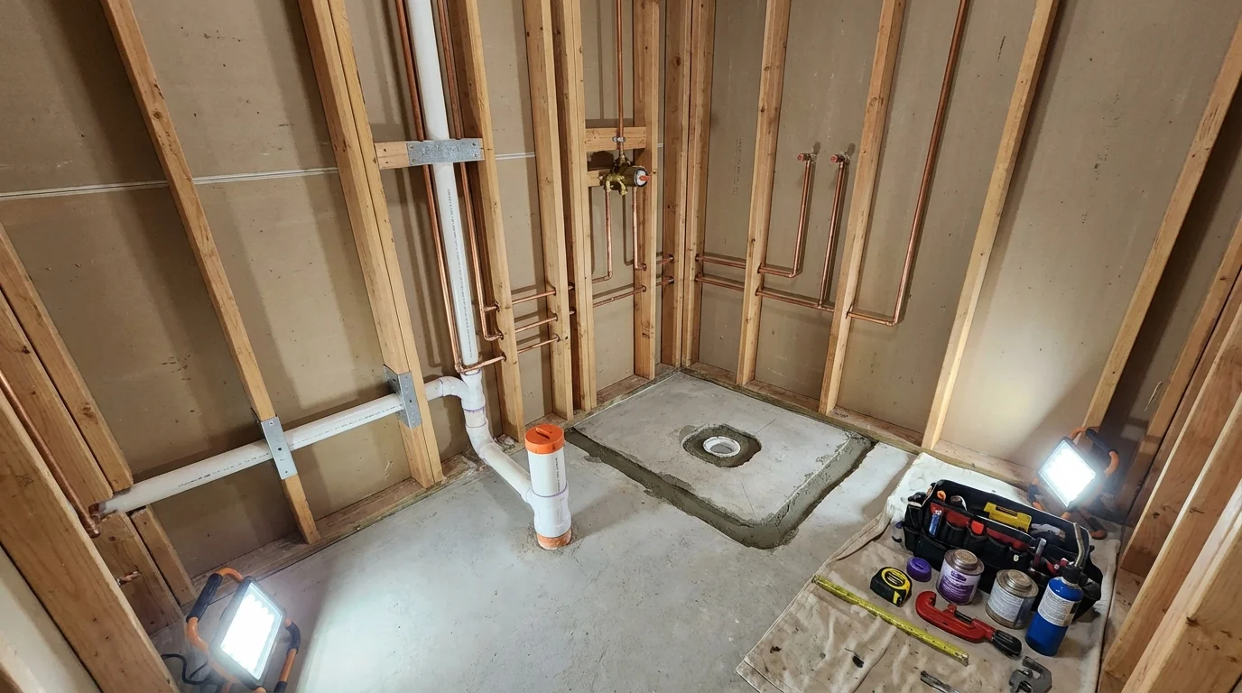 Bathroom rough-in plumbing during remodel by Johns Plumbing LLC in Running Springs
