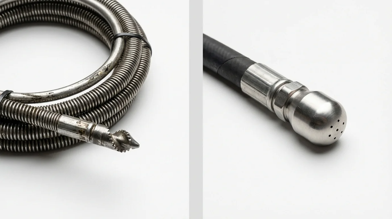Drain snake cable and hydro jetting nozzle used for drain cleaning in Running Springs, CA