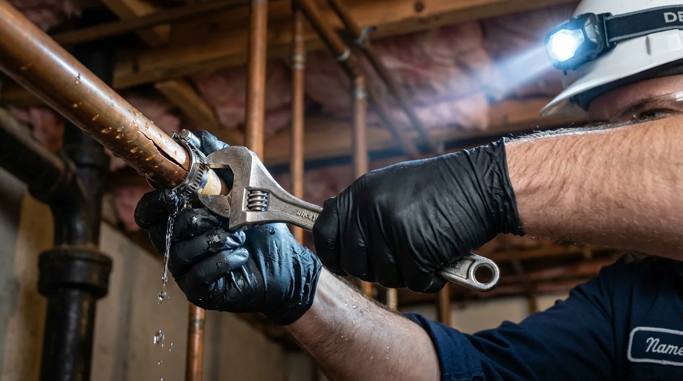 Emergency pipe clamp repair being performed by a Johns Plumbing LLC plumber in Running Springs