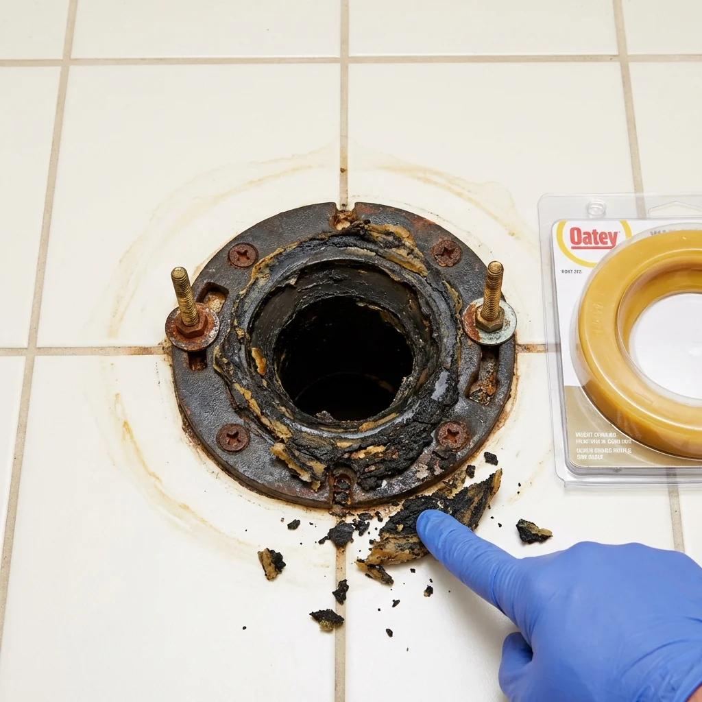 Failed wax ring showing water seepage at the base of a toilet in a Running Springs, CA home
