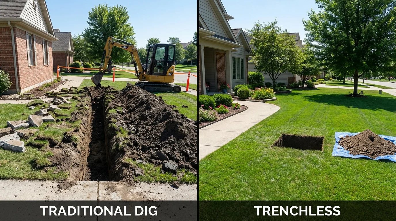 Trenchless sewer repair with minimal yard damage versus traditional excavation in Running Springs, CA
