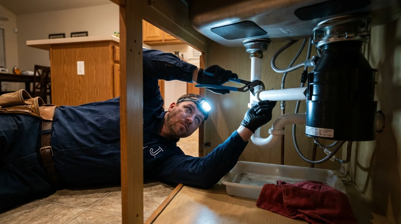 P-trap and supply line connections under a kitchen sink showing a common leak point in Running Springs, CA